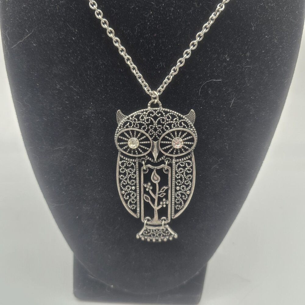 Vintage Horned Owl Articulated Statement Clear Rhinestone Eyes Jewelry Necklace